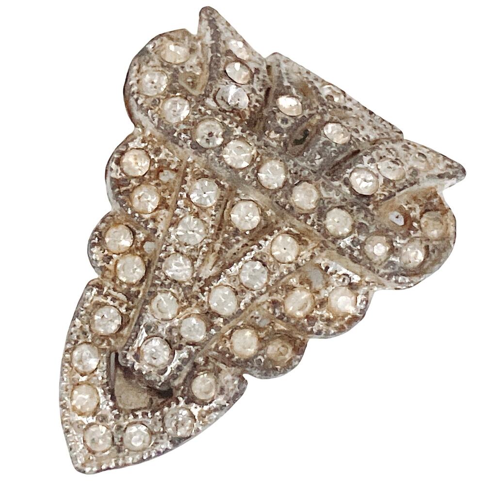 Vintage 1920s 1930s Art Deco Dress Clip Clear Rhinestone Geometric Silver Tone